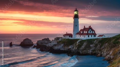 Seascape of the ocean coast with a lighthouse and houses at sunset against a yellow-orange sky with blue clouds. Coast tower light seashore, summer shore. Outdoor, rock, water, summer, beach.