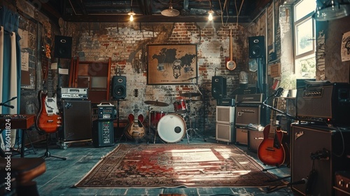 atmosphere in the music studio room, themed rock metal music. vintage style. generative AI Content.