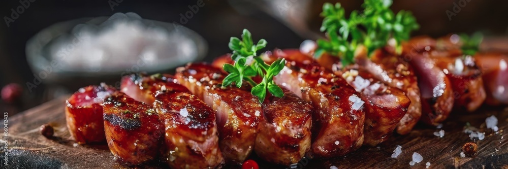 juicy grilled meat with herbs and salt. fried juicy sausages from the grill juicy grilled meat with herbs and salt. fried juicy sausages from the grill