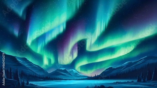 An illustration of a nighttime landscape of a bright, colorful, starry, abstract, luminous aurora sky in shades of purple and green, a polar night on a snowy, frozen pole.