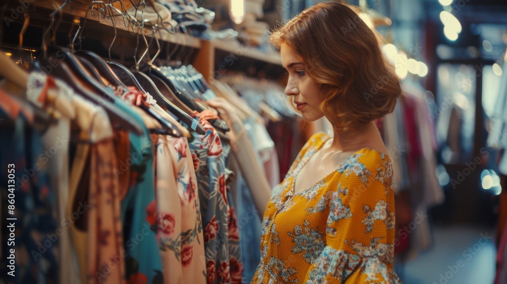 Obraz premium Woman in Europe buying vintage dresses from an online boutique