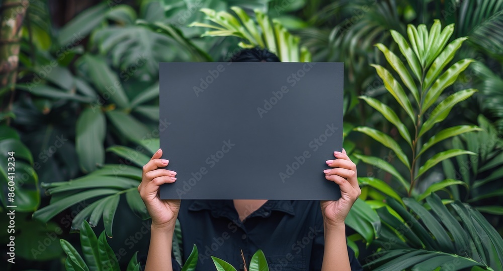 Woman Holding Blank Sign in Tropical Greenery Woman Holding Blank Sign in Tropical Greenery