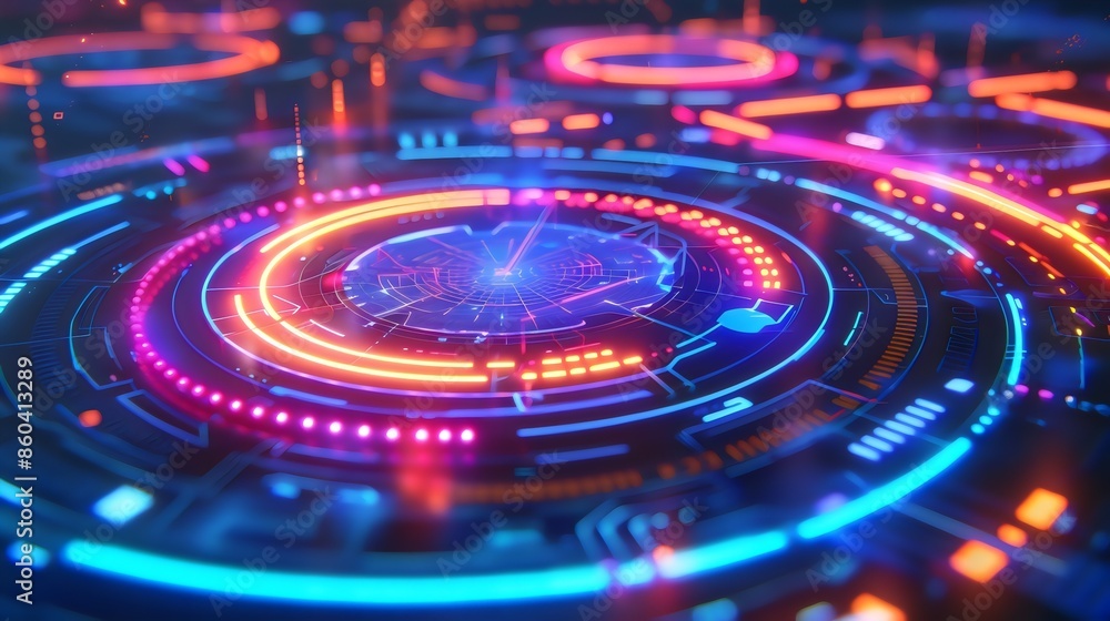 Up close, neon glowing patterns, vectors of circles in blue, purple, and orange colors, abstract design of dynamic lighting, background filled with geometric shapes, colorful design of digital element Up close, neon glowing patterns, vectors of circles in blue, purple, and orange colors, abstract design of dynamic lighting, background filled with geometric shapes, colorful design of digital element