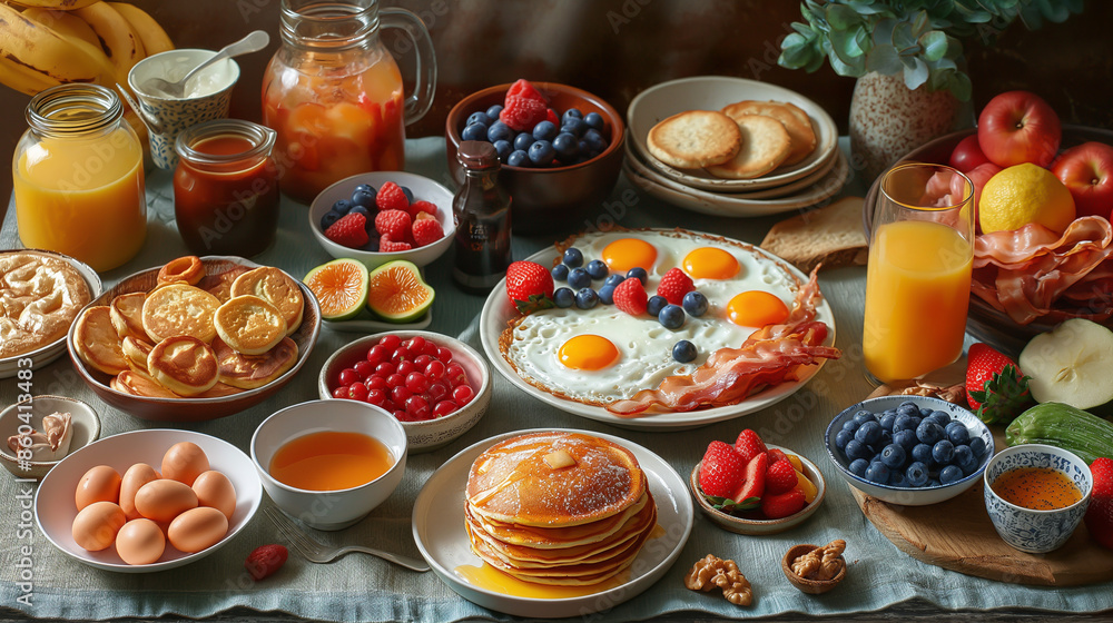 A hearty breakfast of pancakes, eggs, bacon, fruit and juice, perfect for a family brunch or special occasion or family gathering. A hearty breakfast of pancakes, eggs, bacon, fruit and juice, perfect for a family brunch or special occasion or family gathering.
