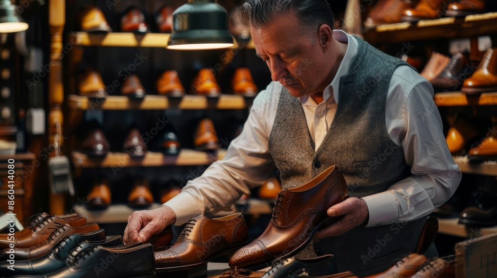 Man ordering bespoke shoes from an Italian cobbler’s online shop Man ordering bespoke shoes from an Italian cobbler’s online shop