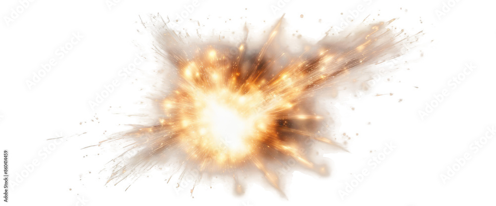 Dynamic explosion burst with fiery debris and smoke, isolated on transparent background. Perfect for visual effects, action scenes, and designs.