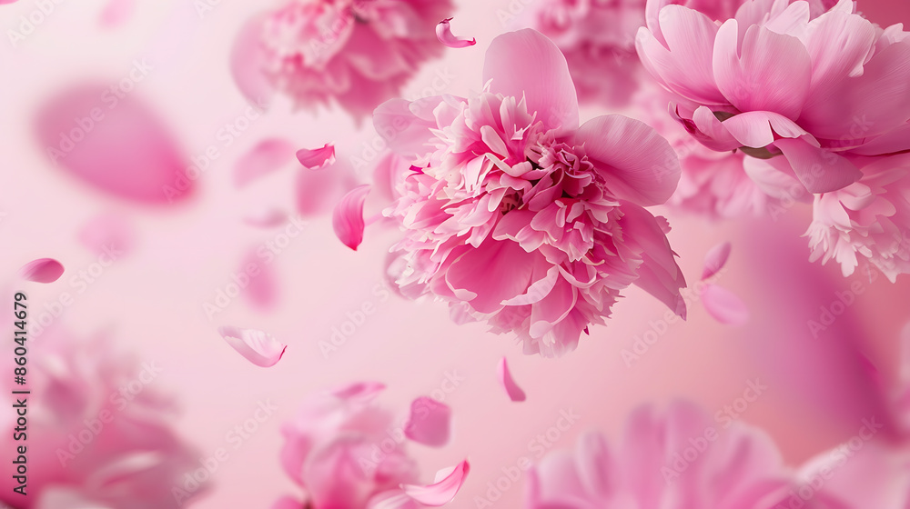 Fototapeta premium Flying peonies flowers with falling petals at pink background Floral levitation concept Front view Horizontal : Generative AI