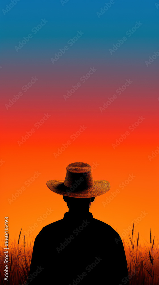 A man wearing a straw hat is standing in a field of tall grass A man wearing a straw hat is standing in a field of tall grass