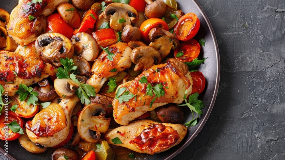 Chicken Saute with Mushrooms and Vegetables Close-Up Chicken Saute with Mushrooms and Vegetables Close-Up