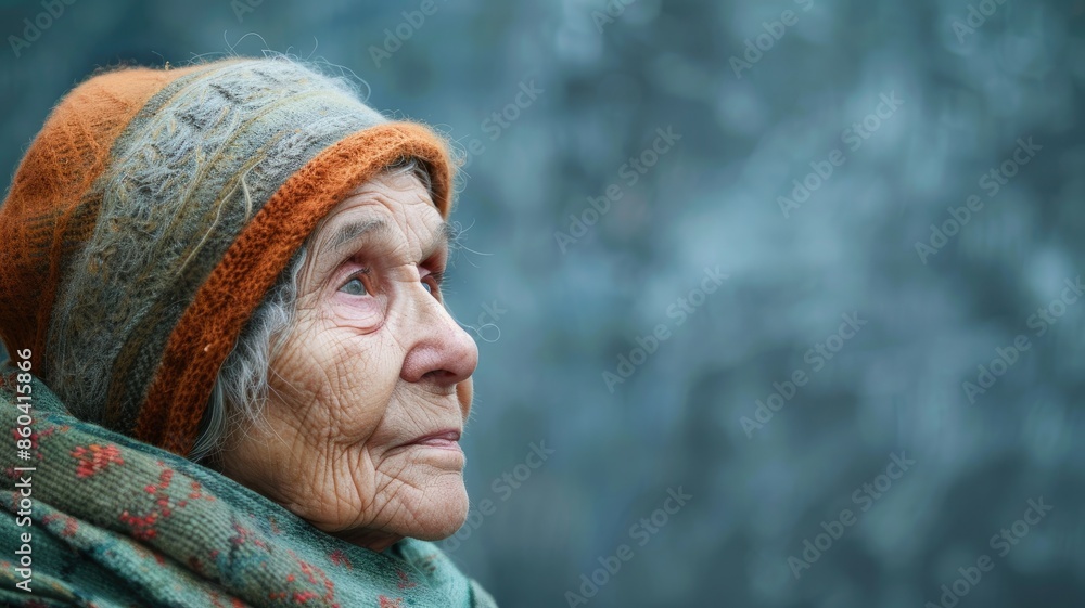 Elderly woman with thoughtful expression, wearing headscarf, outdoors Elderly woman with thoughtful expression, wearing headscarf, outdoors