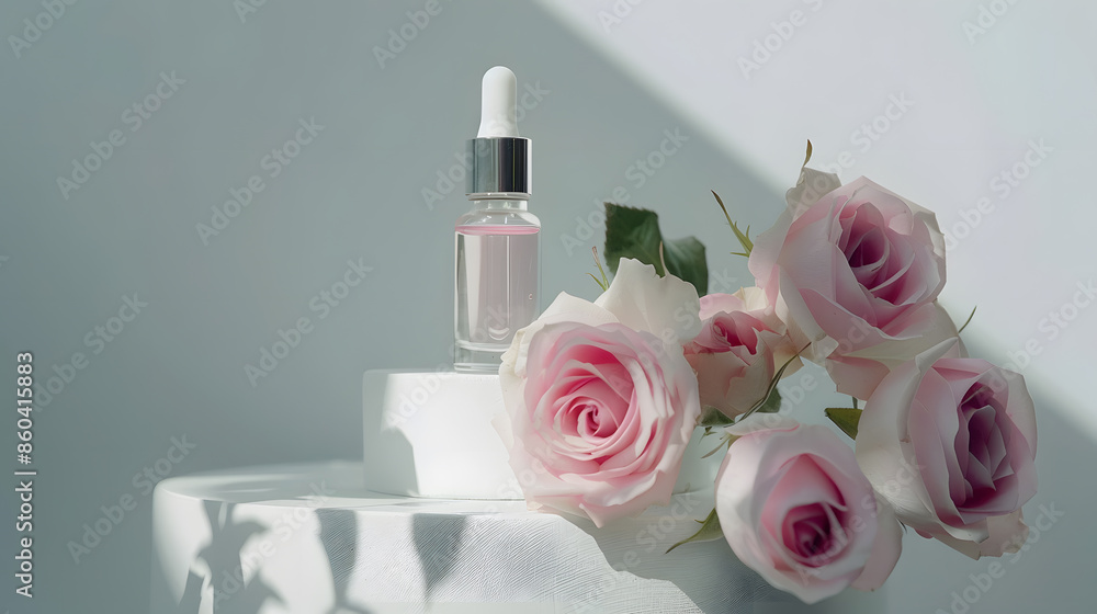 Facial serum in glass dropper bottle on white podium and pink roses on grey background Natural skin care cosmetic Beauty routine concept Minimal composition Trendy product for branding : Generative AI Facial serum in glass dropper bottle on white podium and pink roses on grey background Natural skin care cosmetic Beauty routine concept Minimal composition Trendy product for branding : Generative AI
