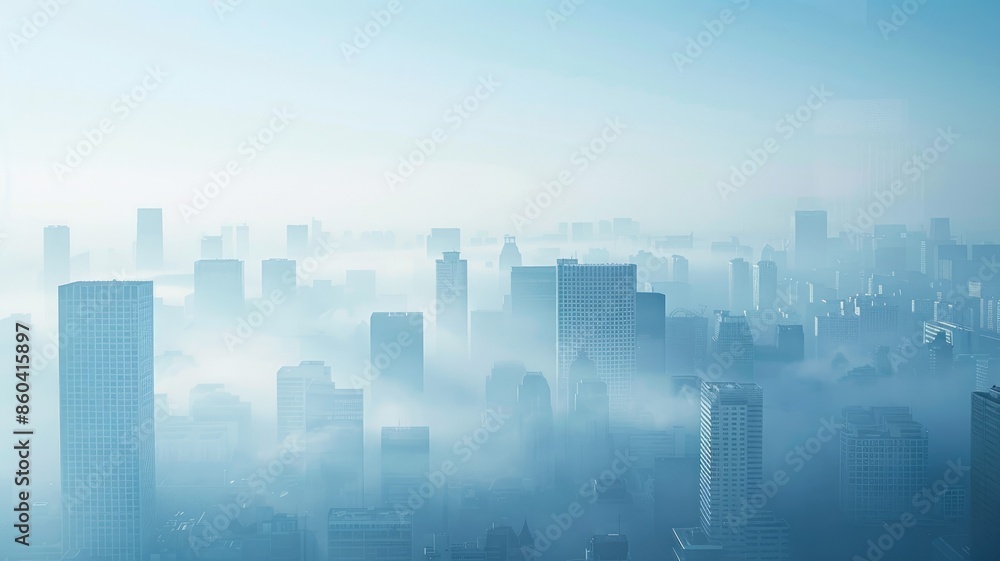 Naklejka premium Cityscape enveloped in dense fog at morning light