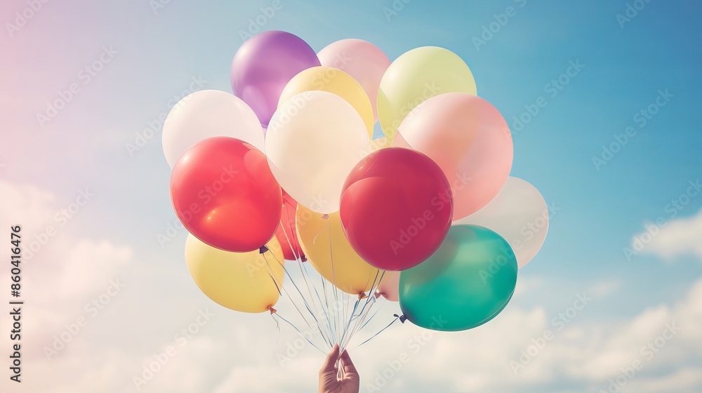 Hands of girl holding multicolored balloons with retro vintage filter effect, celebrating happy birthday during summer and wedding honeymoon party
Hands of girl holding multicolored balloons with retro vintage filter effect, celebrating happy birthday during summer and wedding honeymoon party