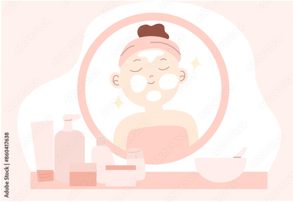 A girl does facial treatments to do the mask on her face for good skin vector flat art pink color beauty skincare concept. A girl does facial treatments to do the mask on her face for good skin vector flat art pink color beauty skincare concept.