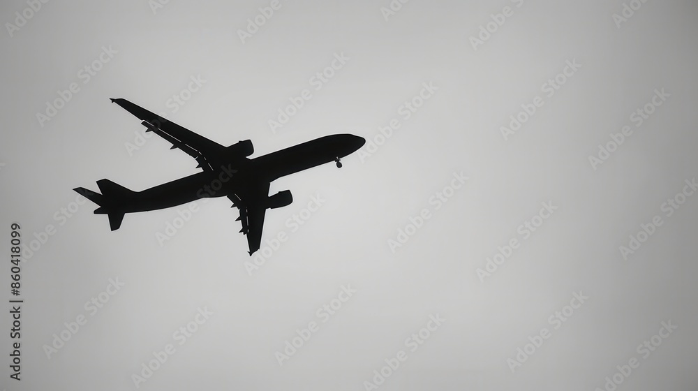 A simple yet striking silhouette of an airplane in flight against a clear, gray sky. Generative AI A simple yet striking silhouette of an airplane in flight against a clear, gray sky. Generative AI