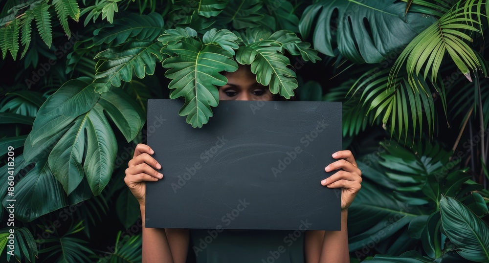 Woman Holding Blank Sign in Tropical Greenery Woman Holding Blank Sign in Tropical Greenery