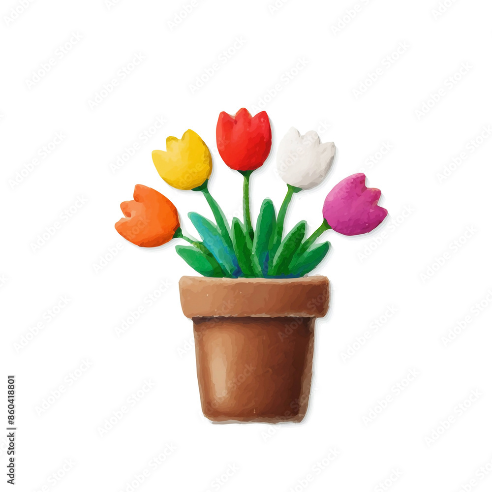 カラフルなチューリップの鉢植えの水彩イラスト 白背景の切り抜き カラフルなチューリップの鉢植えの水彩イラスト 白背景の切り抜き