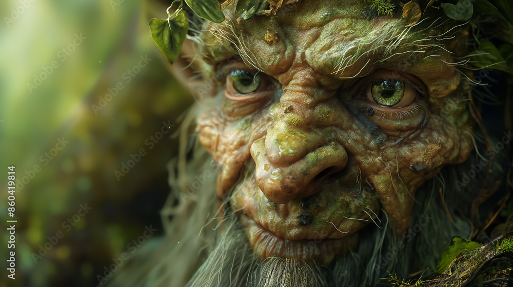 Close-up of a mysterious tree-like creature with mossy skin and pointed ears. The creature's face is filled with wisdom and ancient knowledge. Its appearance is mysterious and surreal. Close-up of a mysterious tree-like creature with mossy skin and pointed ears. The creature's face is filled with wisdom and ancient knowledge. Its appearance is mysterious and surreal.