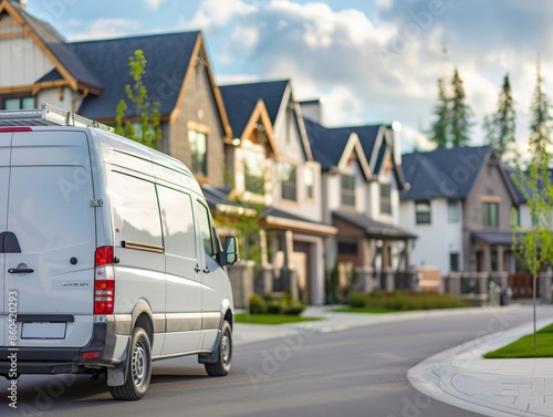 HVAC Maintenance Service ConceptWhite Van Parked in Urban Area