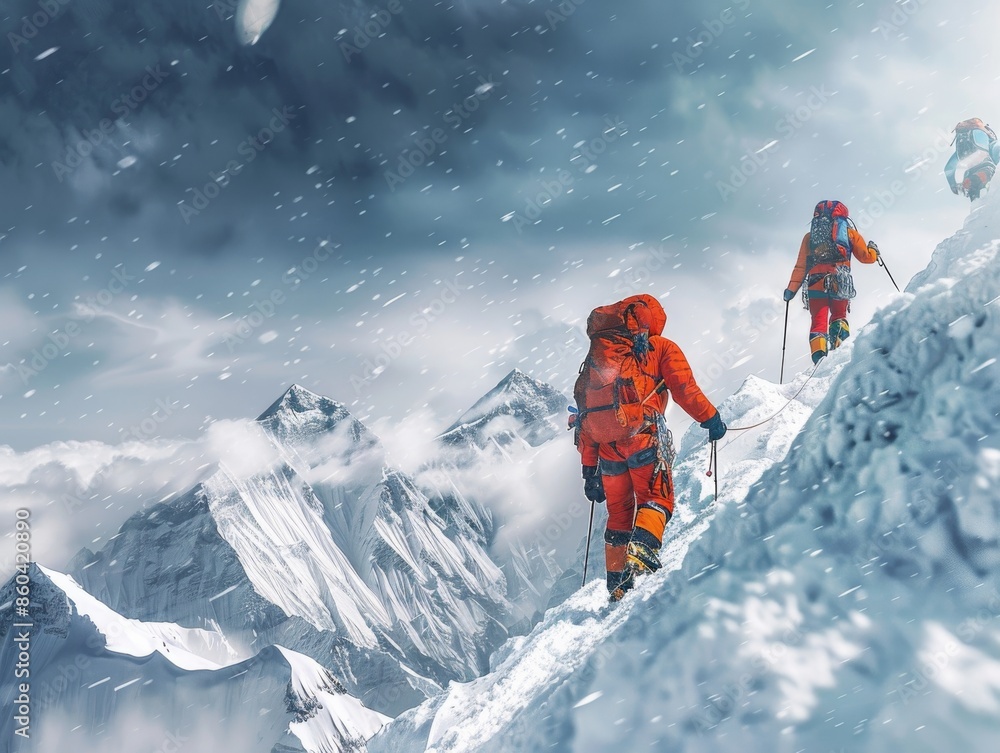 Group of climbers reaching the summit of Mount Everest inthrilling adventure. Group of climbers reaching the summit of Mount Everest inthrilling adventure.