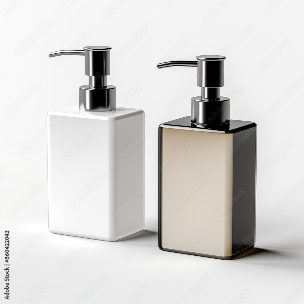 Two luxury amber and white soap dispensers isolated on white background 3D rendering of hygiene and beauty product Two luxury amber and white soap dispensers isolated on white background 3D rendering of hygiene and beauty product
