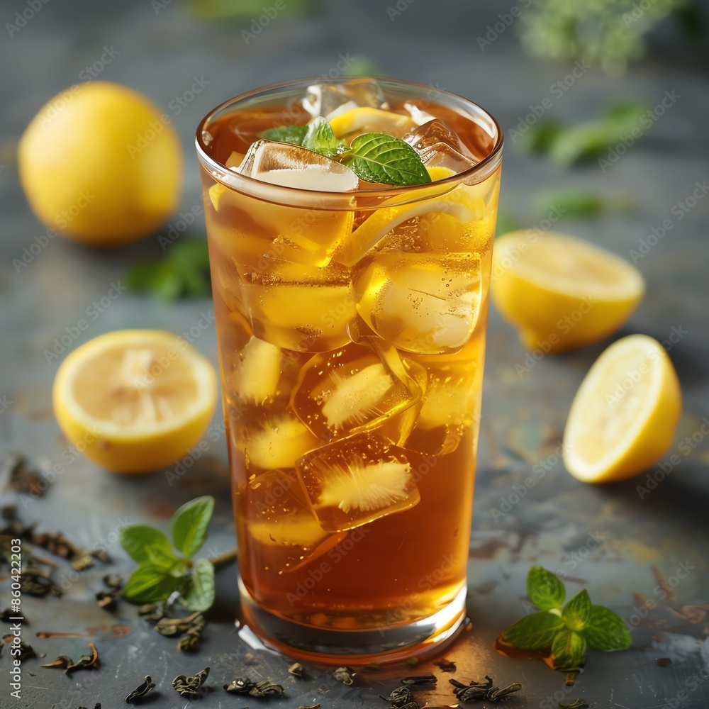 Green tea with honey and lemon in a tall glass with ice, iced tea option
