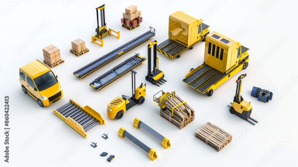 Material Handling Equipment: Equipment such as conveyors and pallet jacks for moving materials isolated on white background Material Handling Equipment: Equipment such as conveyors and pallet jacks for moving materials isolated on white background