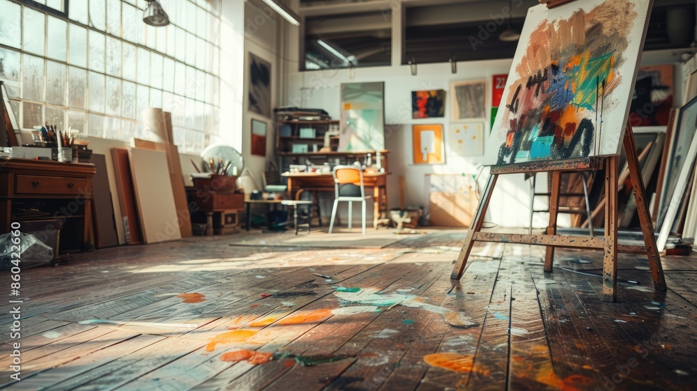 Fototapeta premium Sunlit art studio with scattered paint and canvas on easel