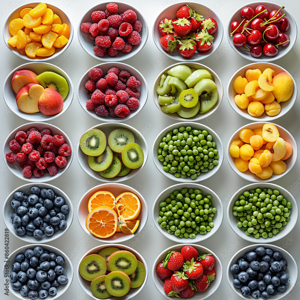 Fresh Fruit and Berries in White Bowls Fresh Fruit and Berries in White Bowls