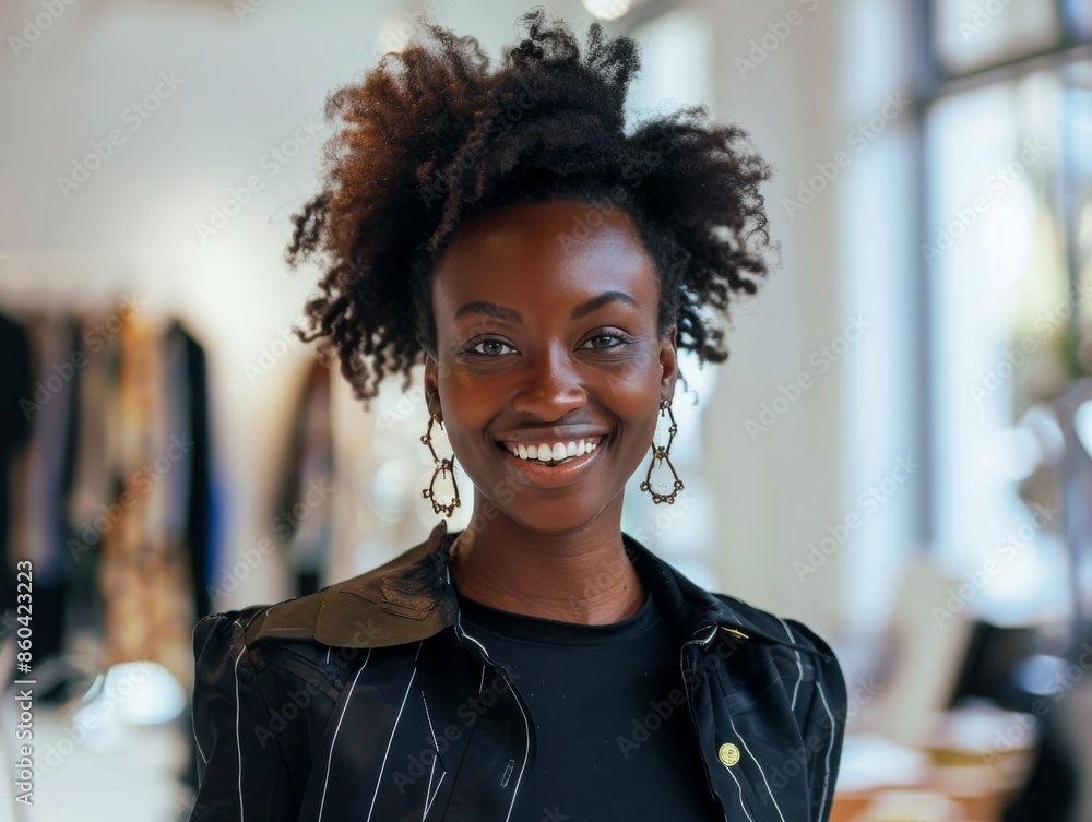 Black Female Fashion Designer Smiling while Working on Designs in Studio Black Female Fashion Designer Smiling while Working on Designs in Studio