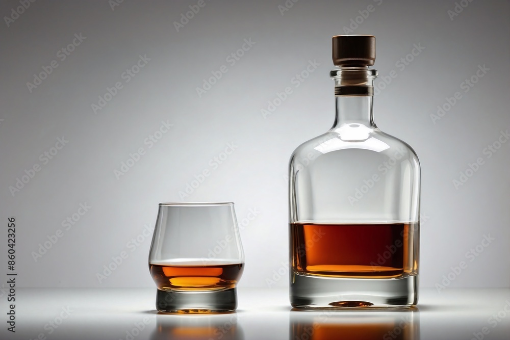 Whiskey: A sleek, minimalist whiskey bottle with a perfectly poured glass beside it. Whiskey: A sleek, minimalist whiskey bottle with a perfectly poured glass beside it.