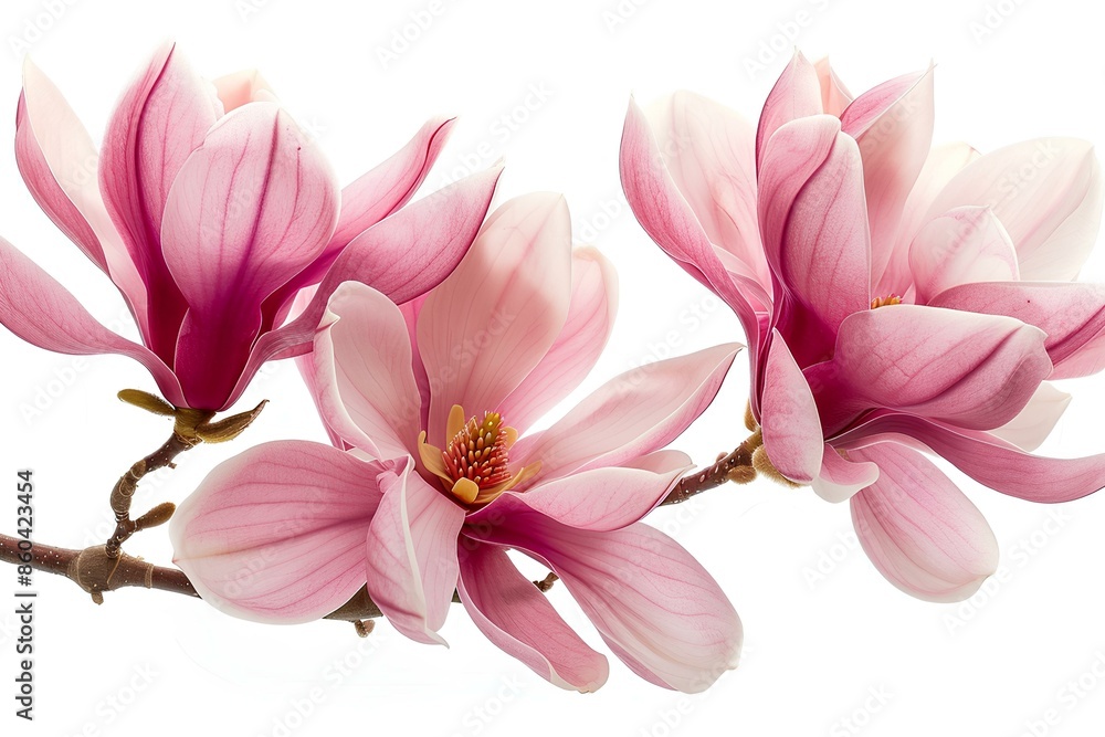 Obraz premium Two pink flowers on a branch against a white background