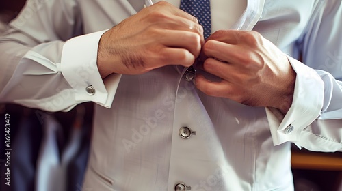 Buttoning a Shirt: Hands buttoning up a dress shirt, with a tie and suit jacket on a nearby hanger. 