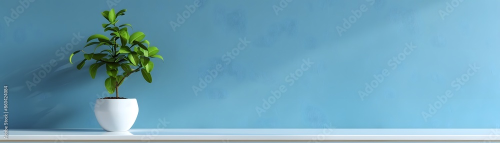 Green Plant in White Pot on Blue Background. Green Plant in White Pot on Blue Background.