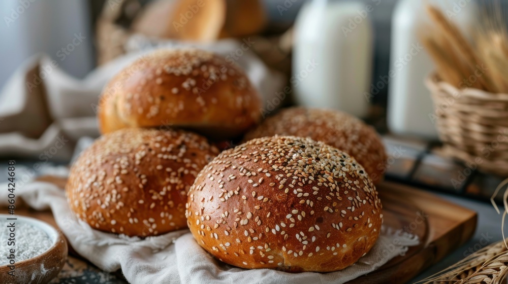 Breakfast with freshly baked round sesame bread and milk Breakfast with freshly baked round sesame bread and milk
