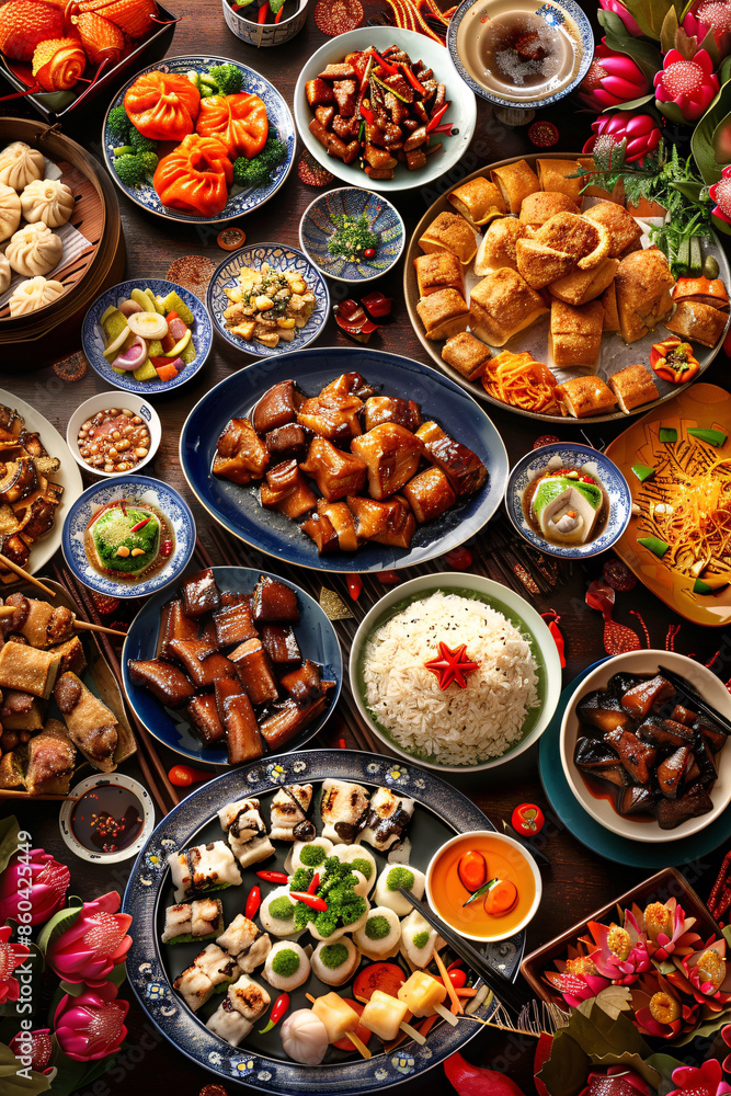 Vibrant Chinese Banquet Spread: A Colorful Display of Traditional Dishes Vibrant Chinese Banquet Spread: A Colorful Display of Traditional Dishes