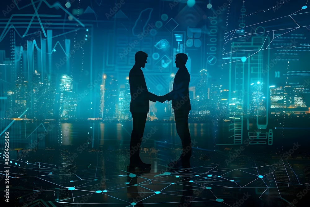 Silhouetted handshake of businessmen with global network and digital cityscape Silhouetted handshake of businessmen with global network and digital cityscape