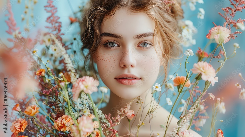 Fototapeta premium Swaying Blooms: Woman with Vibrant Bouquet