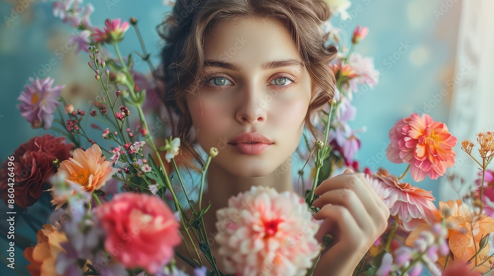 Swaying Blooms: Woman with Vibrant Bouquet Swaying Blooms: Woman with Vibrant Bouquet