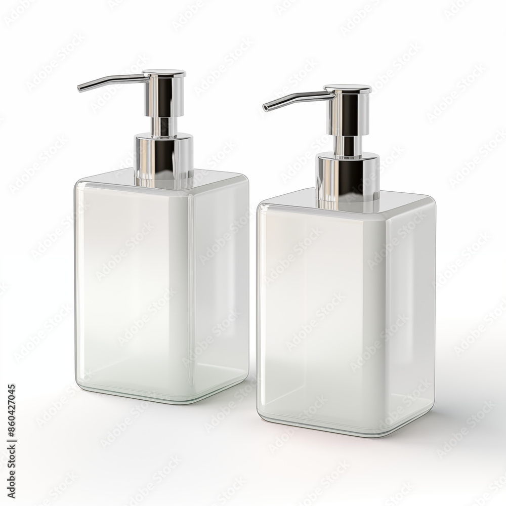Obraz premium Two transparent square soap dispensers with a silver pump on a white background 3D rendering for product advertising