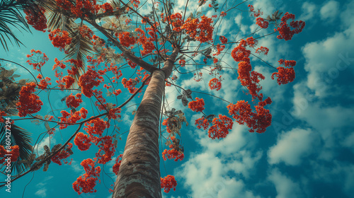 Vibrant Red-Flowered Tree Against Blue Sky 