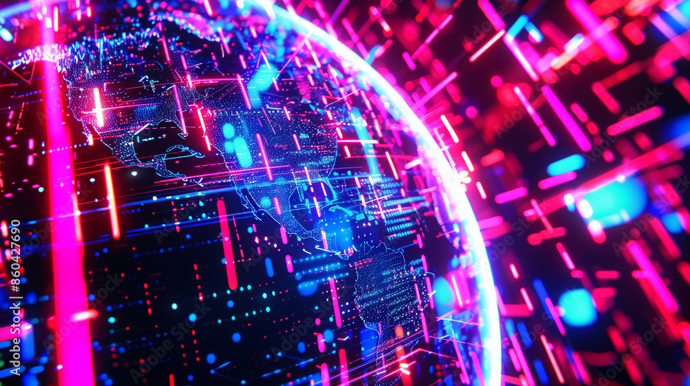 Fototapeta premium Futuristic Global Network with Neon Lights