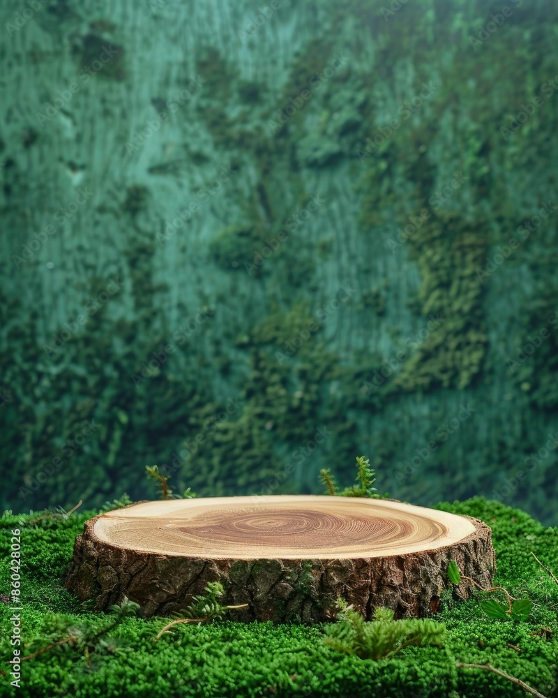 Wooden slice podium on a green moss background. Premium empty scene for product promotion, beauty, natural eco cosmetic. Showcase, display case - generative ai Wooden slice podium on a green moss background. Premium empty scene for product promotion, beauty, natural eco cosmetic. Showcase, display case - generative ai