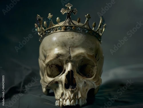 Medium shot of an skull with king crown on it, themed background, bright tonality. 