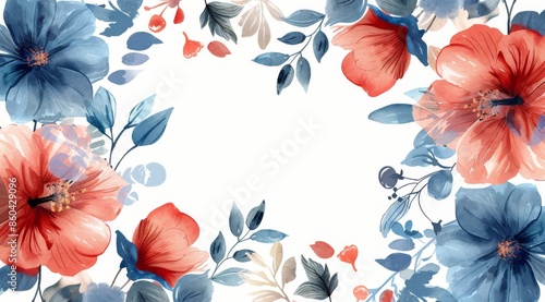 Watercolor Painting of Red and Peach Flowers With Green Leaves
