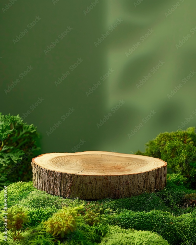 Wooden slice podium on a green moss background. Premium empty scene for product promotion, beauty, natural eco cosmetic. Showcase, display case - generative ai Wooden slice podium on a green moss background. Premium empty scene for product promotion, beauty, natural eco cosmetic. Showcase, display case - generative ai