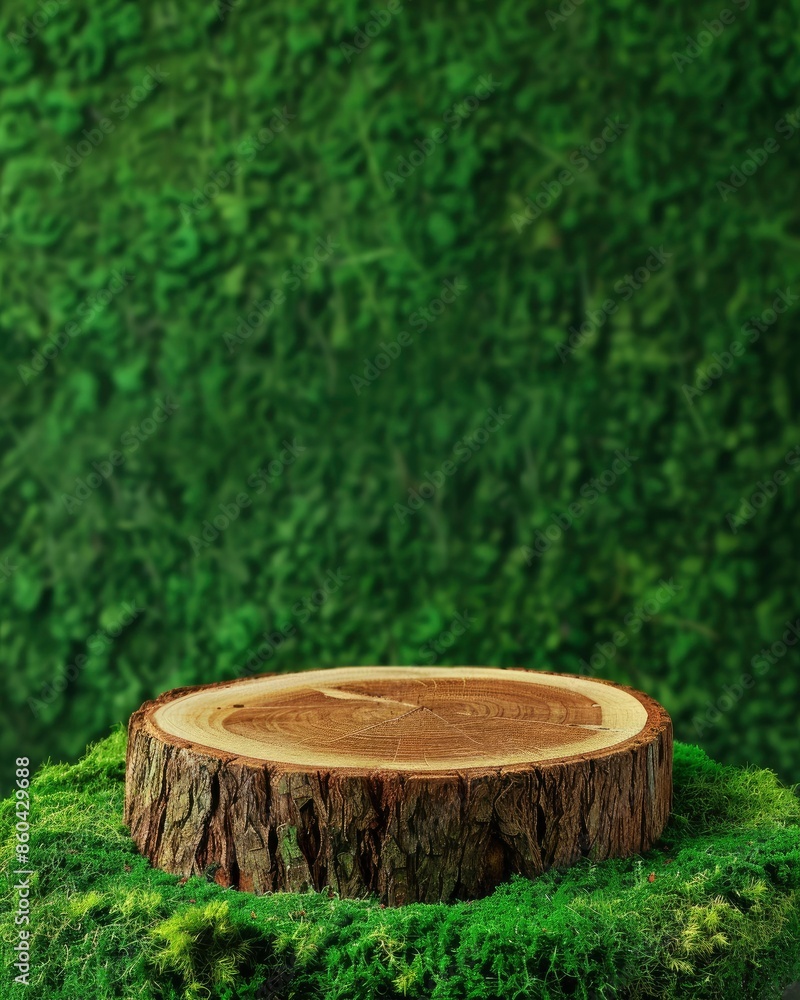 Wooden slice podium on a green moss background. Premium empty scene for product promotion, beauty, natural eco cosmetic. Showcase, display case - generative ai Wooden slice podium on a green moss background. Premium empty scene for product promotion, beauty, natural eco cosmetic. Showcase, display case - generative ai