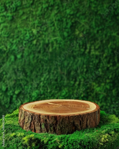 Wooden slice podium on a green moss background. Premium empty scene for product promotion, beauty, natural eco cosmetic. Showcase, display case - generative ai