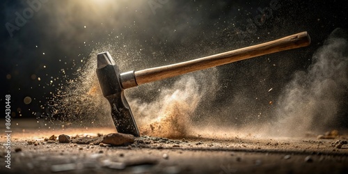 Hammer dropped on the ground with scattered dust, hammer, ground, dropped, metal, tools, construction, dust, impact, object, heavy photo