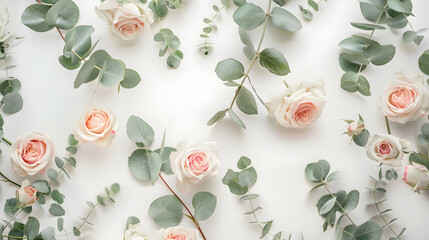 Flowers composition made of rose flowers and eucalyptus branches Mock up with flowers Flat lay top view : Generative AI
